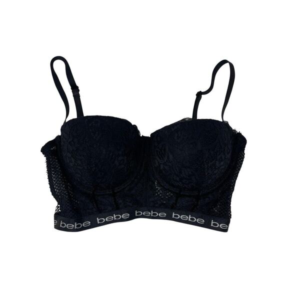 Bebe Intimates Bra Size 34C Black Lace Padded Longline Corset Mesh Back - Picture 1 of 7